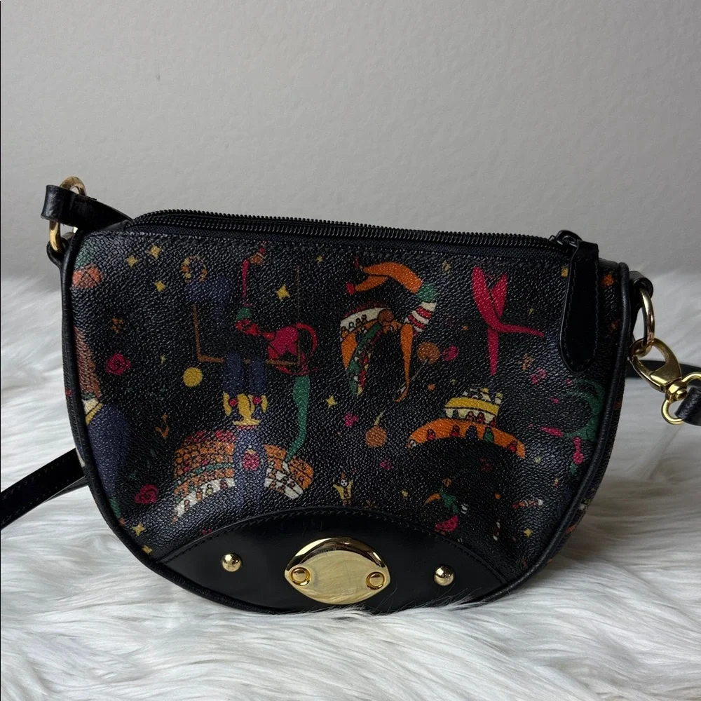 VTG Piero Guidi Black Crossbody Bag with Multicolor Print and Gold Hardware